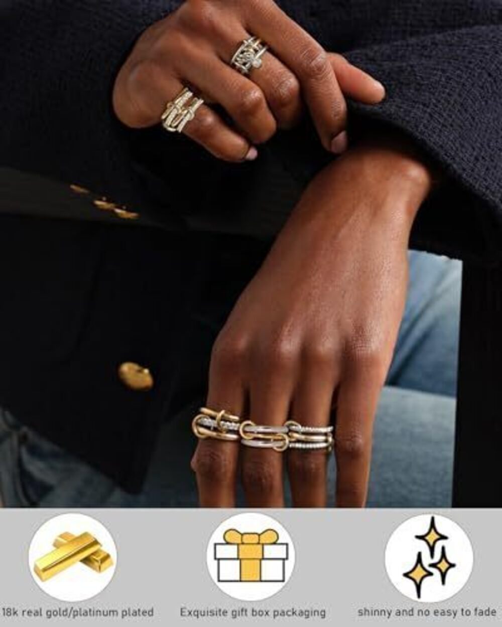 7523 Stackable Gold Rings 18K Gold Plated Interlocking Ring Stack Set Gold - Picture 4 of 5